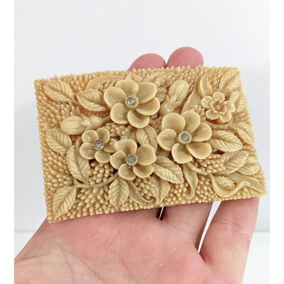 Floral Rectangle Early molded Plastic  Vintage Belt Buckle Rhinestone flowers - Picture 2 of 11